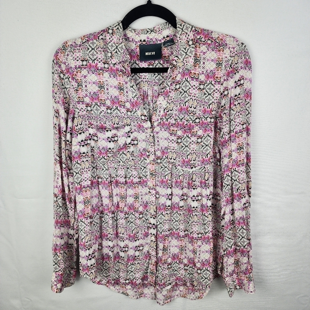 Maeve Anthropologie Pink Islet Geometric Print Button Front Blouse Shirt Size XS